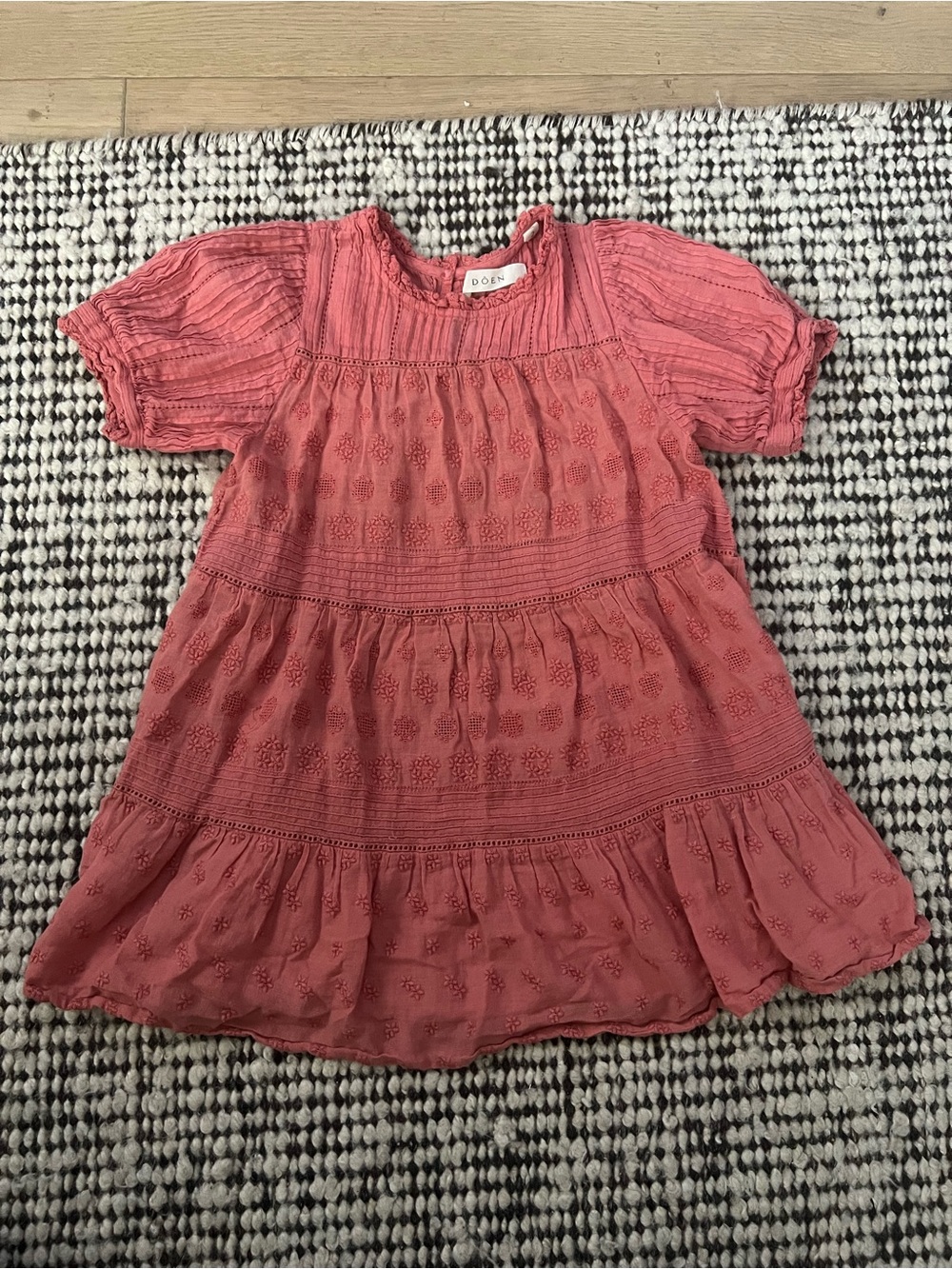 Doen Girls Coral Pink Embroidered Tiered Dress